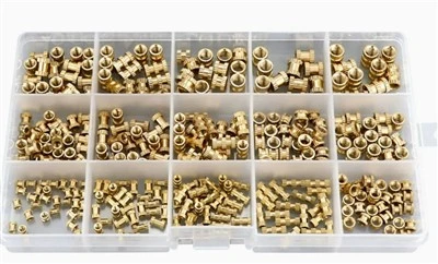 Hộp phân loại 330 mảnh: Đai ốc chèn bằng đồng thau có khía để ép phun (M2–M5)
